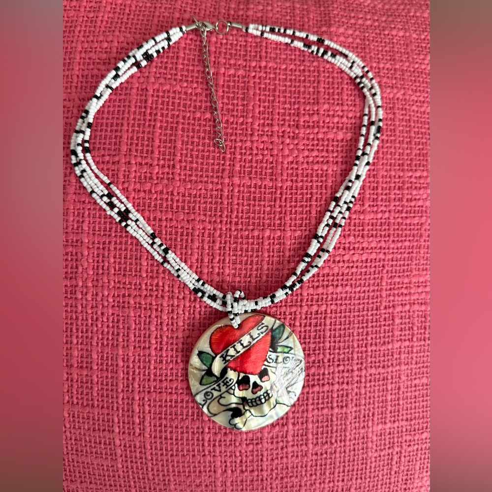 Ed Hardy White and Black Beaded Necklace with Red Heart Skull Pendant